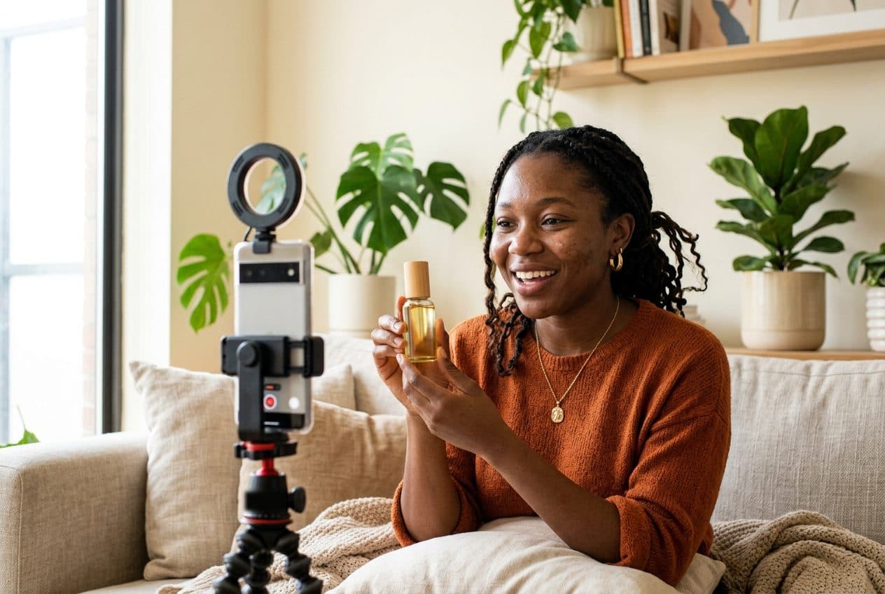 A creator filming a product video at home on her phone