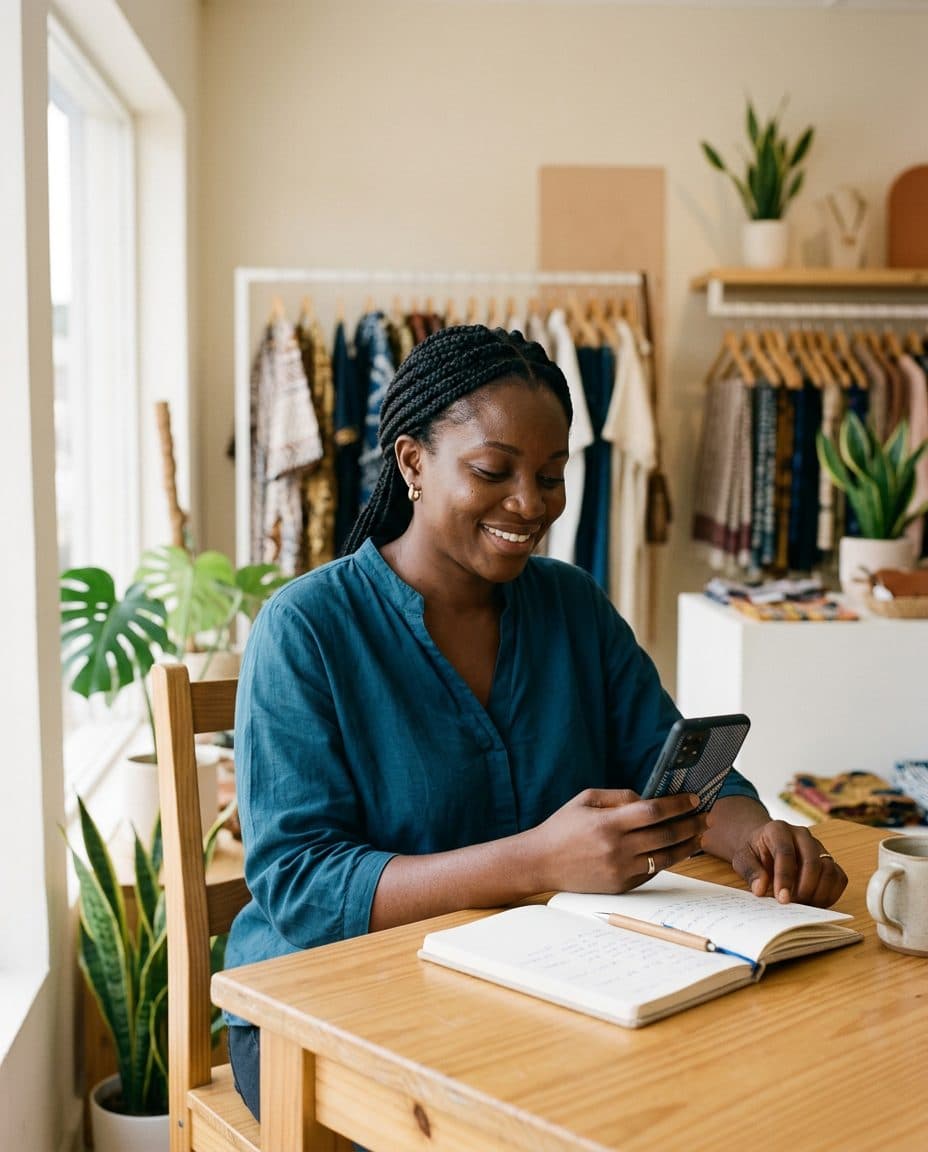 A boutique owner smiling at her phone, notebook open on the table