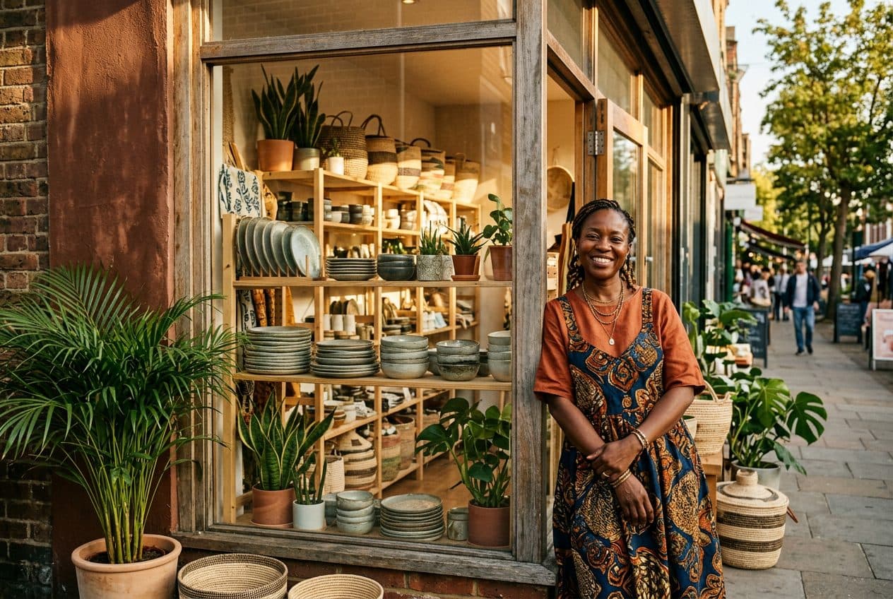 A shop owner smiling in the doorway of her home goods store