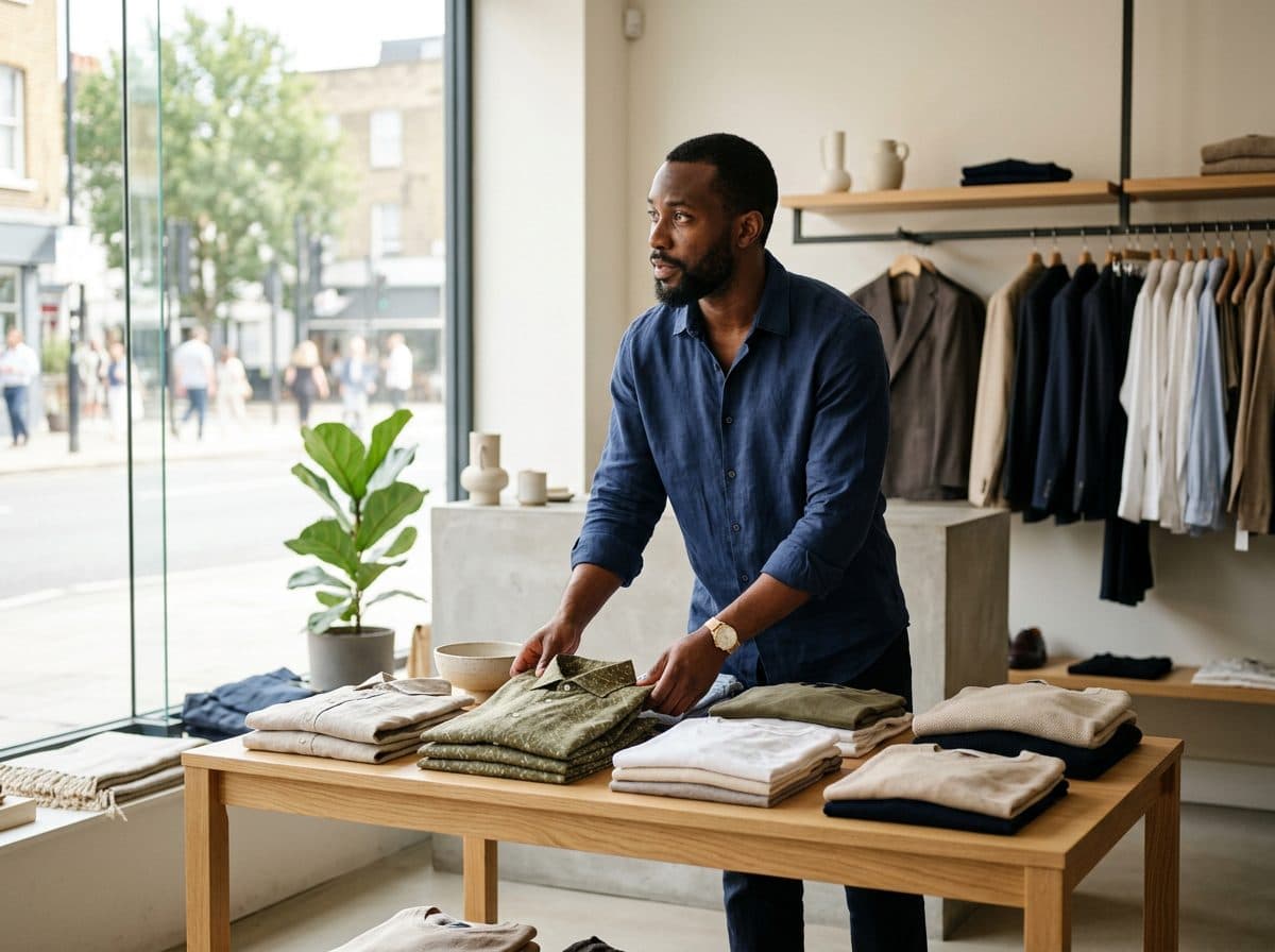 A menswear shop owner arranging shirts and looking out of the window