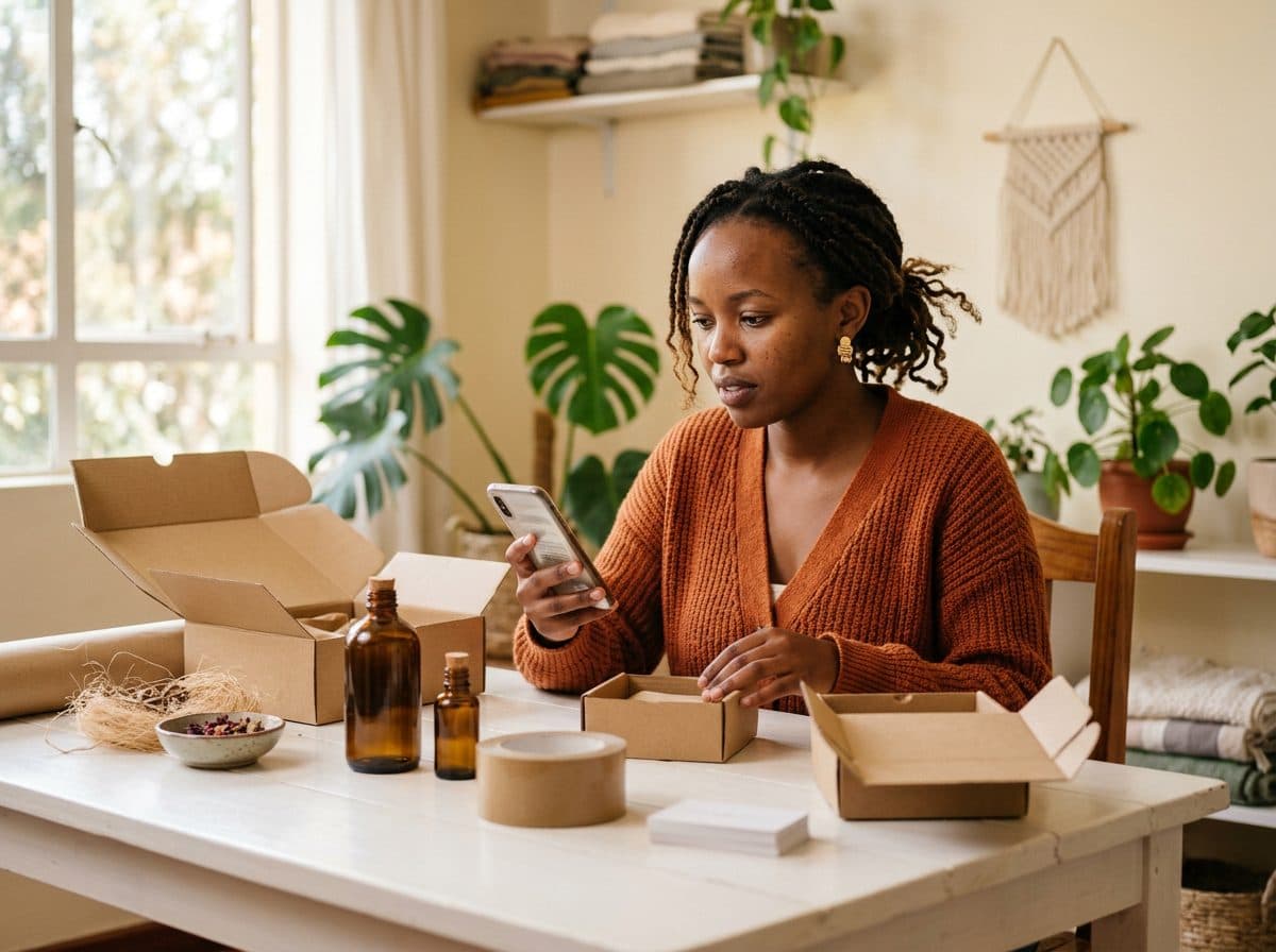 A skincare brand owner checking her phone while packing orders
