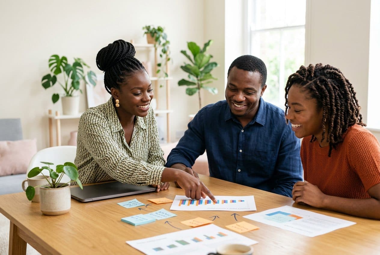 Three colleagues reviewing charts and notes at a table
