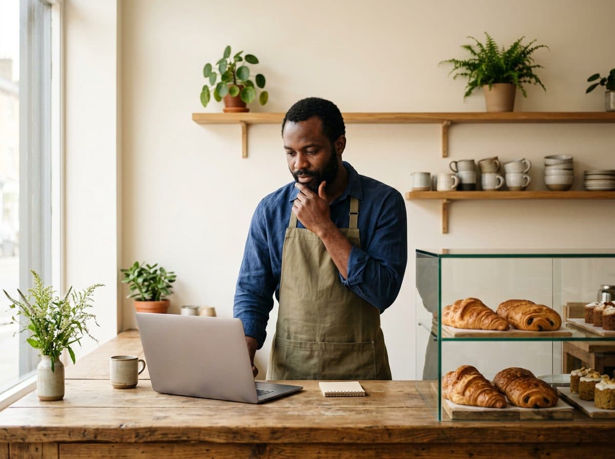 A bakery owner thinking over his laptop at the counter