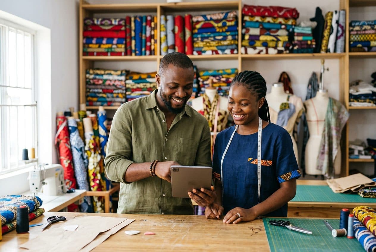 A fashion designer and his assistant planning on a tablet in their studio